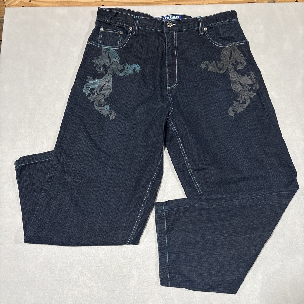 Vintage Evolution In Design Mens Blue Graphic Embroidered Jeans 42x34